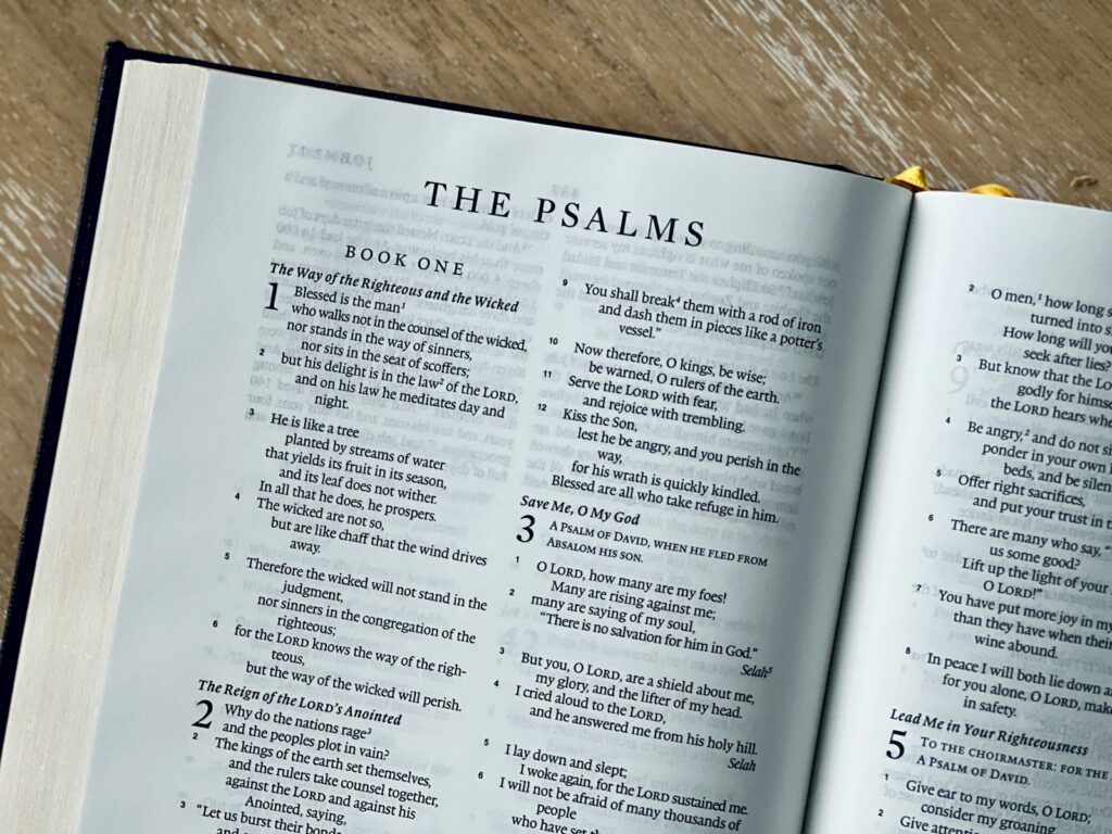 an open bible with the words the psalms on it